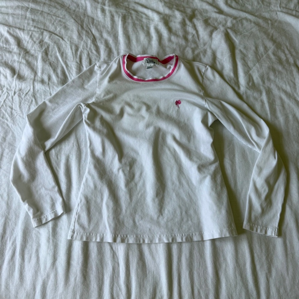 Lilly Pulitzer White Pink Palm Tree Pima Cotton Long Sleeve Ringer Tee Shirt S - Picture 4 of 7